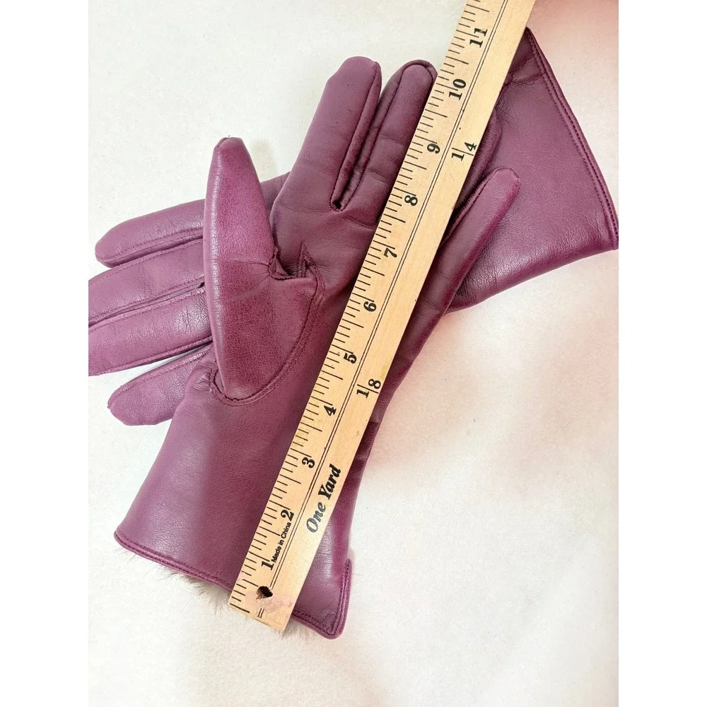 Vintage Plum Purple Leather Driving Gloves Rabbit Fur Trim Lining Size Medium